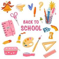 School supplies. Back to school. Big set of hand draw school items. Books, pencils, pens, notebooks, erasers, paper, clips, globe, backpack. Study. Vector illustration
