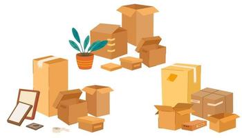 Boxes set. Cardboard boxes with various things. Moving and relocation concept. Hand-drawn color vector isolated illustrations. Cartoon style, fashionable design