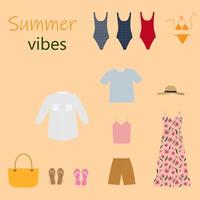 Female summer clothes collection. Vector flat cartoon illustration. Stylish travel clothing, isolated on white background. Fashion boutique.