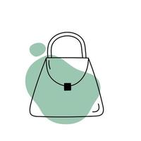 Stylish casual line art handbag and blue abstract shapes. Female bag in doodle style. vector