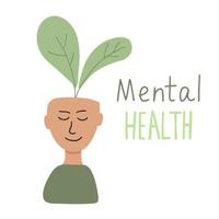 Face of young smiling man with plant in his head. Mental health concept. Positive emotions in the head of a person. Flat vector illustartion isolated on white background