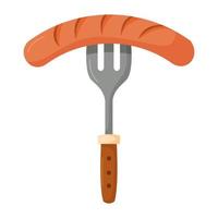 Fork with a pinned sausage. Oktoberfest decoration element. Flat vector illustration isolated on white background