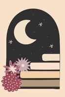 Old ancient stairs, flowers and moon night. Aesthetic contemporary art. Boho print. Flat vector illustration
