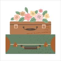 maleta vintage con decoración de flores de verano. Ilustración de vector plano hermoso moderno aislado sobre fondo blanco