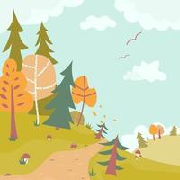 Cute cartoon autumn forest landscape. Fall childish background. Flat vector illustration
