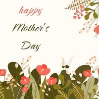 Happy Mother's Day greeting card with cute floral background. Spring banner design with blooming red and white abstract flowers. Mother's day concept. Color flat vector illustartion isolated on beige