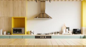 Empty wooden table and blurred kitchen yellow wall background,Wood table top on blur kitchen counter. photo