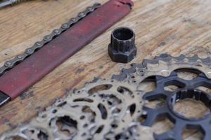 bicycle repair and cleaning process, cycle parts close up, bike workshop photo