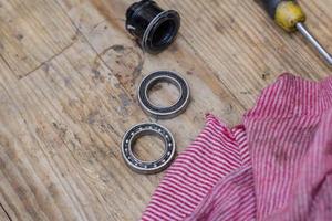 bicycle repair and cleaning process, cycle parts close up, bike workshop photo