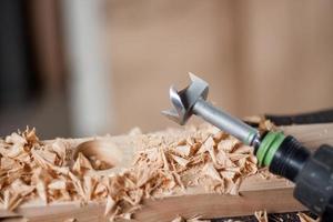 Close up of  carpenter tools on the table in wokshop, woodworking tools photo