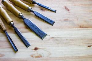 Close up of  carpenter tools on the table in wokshop, woodworking tools photo