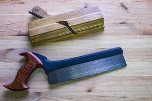 Close up of  carpenter tools on the table in wokshop, woodworking tools photo