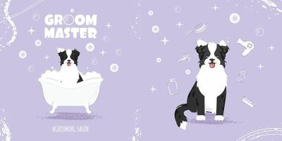 conjunto de dos ilustraciones. un perro pequeño sentado y arreglando herramientas a su alrededor. concepto de un salón de belleza. perro de dibujos animados sentado en un baño de burbujas.