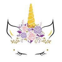 Cute unicorn face with a flower on purple and pink colors vector