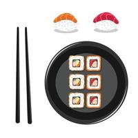 Set of sushi and rolls on a plate with cartoon-style chopsticks on a white background vector