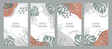 Botanical set. Trendy abstraction editable template for social media stories, tropical leaves, green, orange, earthy colours. Vector illustration. Social media background design.