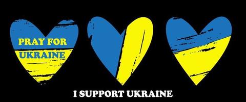 Pray for Ukraine. I support Ukraine. Heart with slogan on black background. Vector illustration isolated.