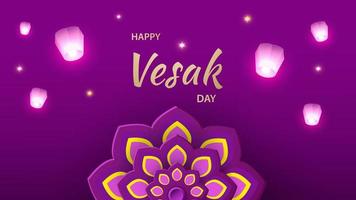 Lucky Wesak Day is the great day of the Buddha. Flying lanterns, flowers on a lilac background. Traditional patterns. Vector illustration