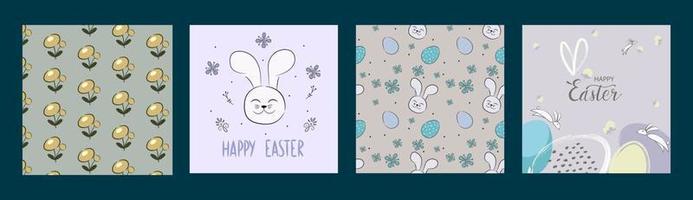 Happy Easter banner. Trendy Easter design with typography, hand drawn strokes and eggs, bunny ears, patterns in pastel colors. Patterns with flowers and a hare. Vector illustration