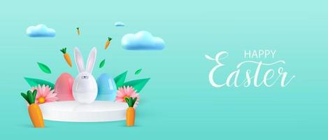 Happy Easter holiday background. Festive design with realistic 3D bunny and decorative elements. Spring leaves and eggs. Flying carrot. Vector illustration