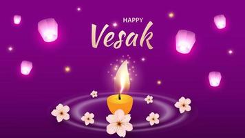 feliz día de vesak es el gran día del buda. linternas voladoras, flores, una vela encendida sobre un fondo lila.ilustración vectorial vector