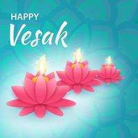 Banner card for Vesak day with Buddha candle, flower and east asian elements in paper cut style. Background for congratulation. Vector illustration