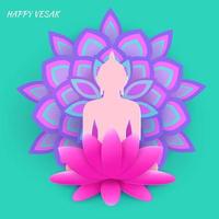 Poster for Buddha Purnima or Vesak Day with Buddha silhouette, flowers and patterns. Vector