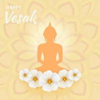 Poster for Buddha Purnima or Vesak Day with Buddha silhouette, flowers and patterns. Vector illustration