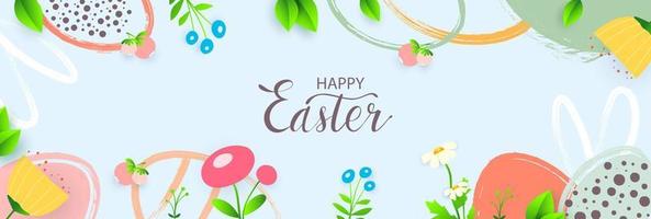 Happy Easter banner. Trendy Easter design with typography, hand drawn strokes and eggs, spring flowers, bunny ears, in pastel colors. Modern minimalist style. Vector illustration