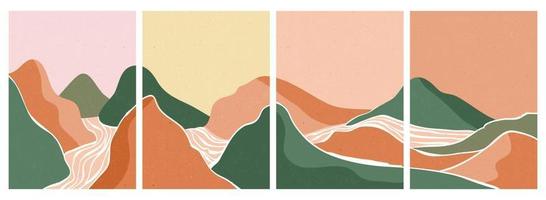 Mountain, forest, hill, wave, sun and moon on big set. Mid century modern minimalist art print. Abstract contemporary aesthetic backgrounds landscape. vector illustrations