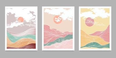 set of creative minimalist hand painted illustrations of Mid century modern. Abstract mountain contemporary aesthetic liquid marble canvas painting background