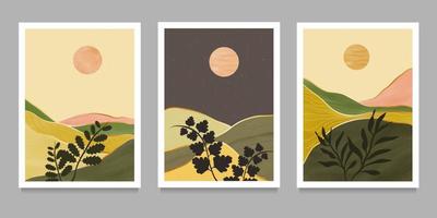 set of creative minimalist hand painted illustrations of Mid century modern. Natural abstract landscape background. leaf, flower, mountain, forest, sea, sky, wave vector