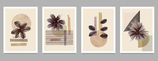 Botanical wall art on set. creative minimalist hand painted. boho wall decor. Abstract geometric elements. with different shapes for art print. vector illustrations of Mid century modern