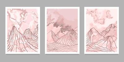 set of creative minimalist hand painted illustrations of Mid century modern. Abstract mountain contemporary aesthetic liquid marble canvas painting background vector