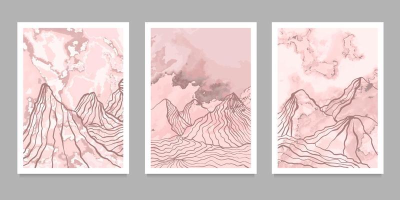 set of creative minimalist hand painted illustrations of Mid century modern. Abstract mountain contemporary aesthetic liquid marble canvas painting background