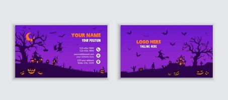 Dark color horizontal double-sides helloween business card with forest skull hand moon background template vector