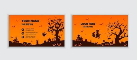 feliz halloween saludo tarjeta de visita horizontal con murciélagos, calabazas, en una plantilla de fondo naranja vector