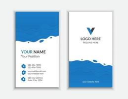 Blue color wave shapes business card design template. Double-sides vertical layout vector