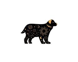 perro mágico negro, símbolo esotérico de luna creciente mística, elementos de constelación. mascota negra bruja. vector