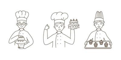 Set bakers in a chef's uniform with various baked goods. For the bakery, advertising, website. Vector illustration