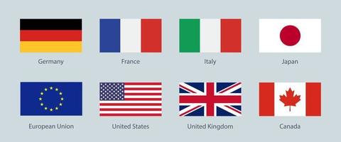 G7 or Group of seven. International political union of largest advanced economies. Vector flag of Canada, France, Germany, Italy, Japan, United Kingdom, United States