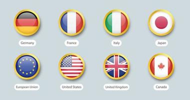 The group of seven flags. G7 flag with members countries names. Vector Canada, France, Germany, Italy, Japan, United Kingdom, United States gold badges.