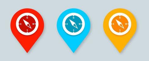 símbolo de brújula en el conjunto de iconos de ubicación de pin. brújula de descubrimiento o icono de brújula de navegación para aplicaciones y sitios web. vector