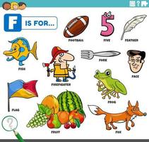 letra f palabras juego educativo con personajes de dibujos animados vector