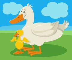 happy cartoon duck farm animal character with duckling vector