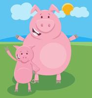 personaje de animal de granja de cerdo de dibujos animados feliz con cochinillo vector