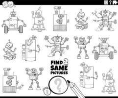 find two same cartoon robots task coloring book page vector