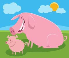 personaje de animal de granja de cerdo de dibujos animados feliz con cochinillo lindo vector