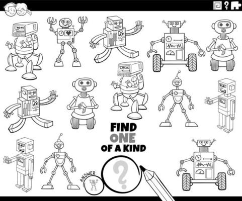 one of a kind task with cartoon robots coloring book page