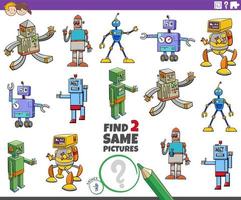 encontrar dos mismos personajes de robots de dibujos animados tarea educativa vector